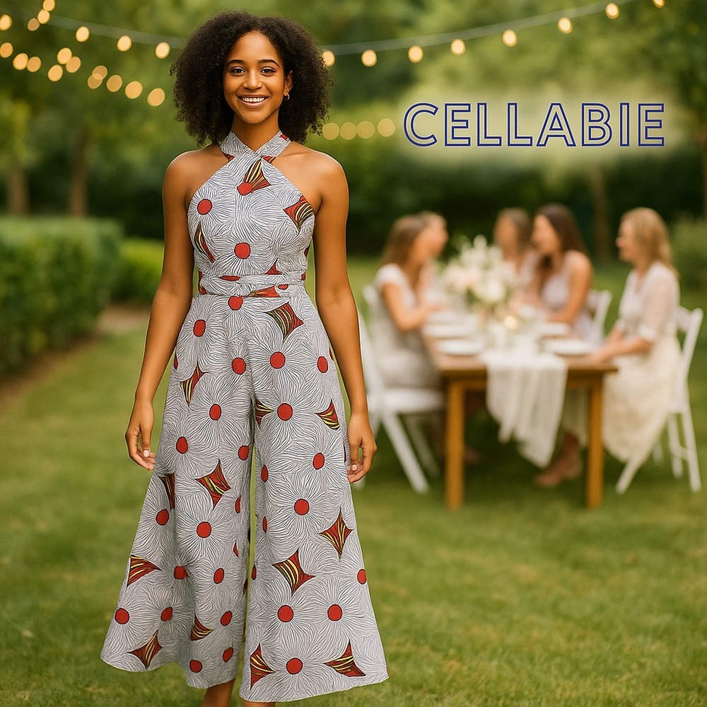 NWT Cellabie Palazzo Red-Fan Print Halter,Jumpsuit Wide-Leg,Belted,Size S